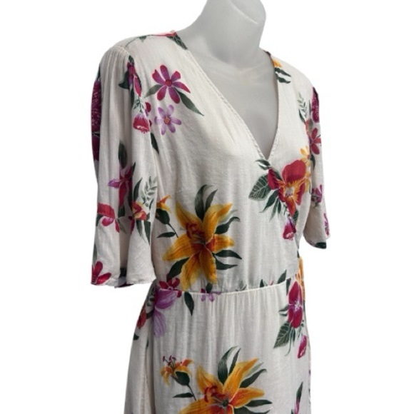 Old Navy White Tropical Floral Waist-Defined Bell-Sleeve Faux-Wrap Dress Size M - Picture 6 of 11